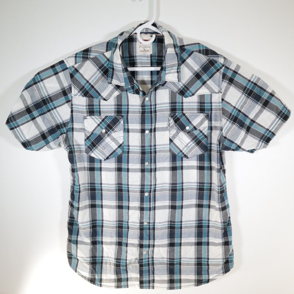 Levis Shirt Adult Extra Large Blue Check Snap Work Wear Western Outdoor Mens XL
